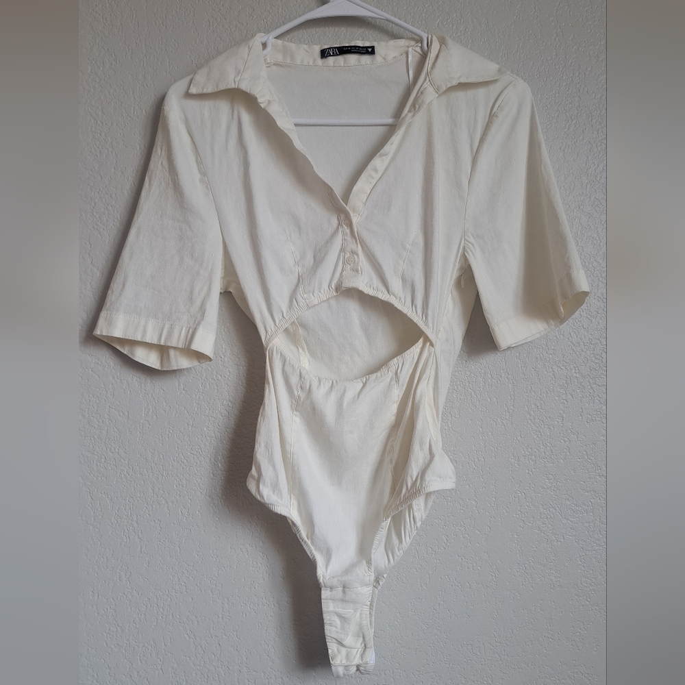 Zara White Cut Out Collared Bodysuit Size XS